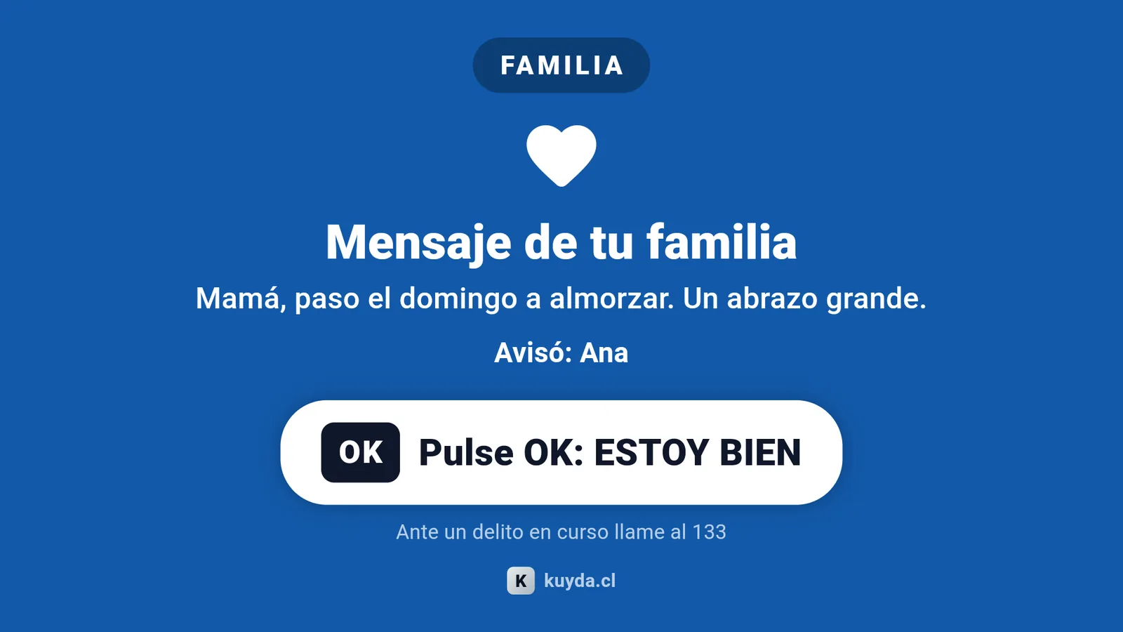 Mensaje de la familia ocupando toda la pantalla del televisor, en letras grandes