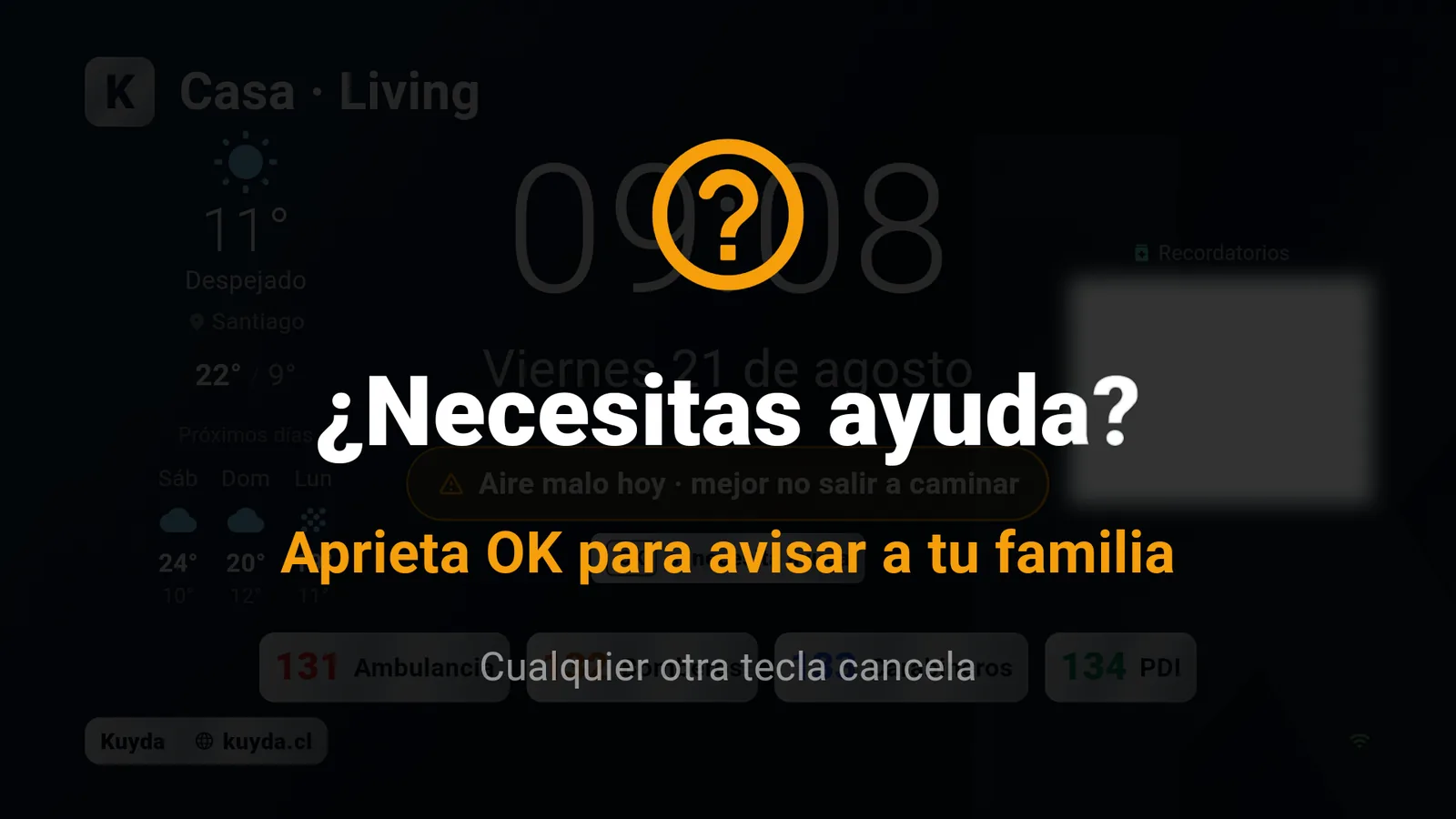 La pregunta que aparece en la pantalla al mantener apretado el botón: ¿Necesitas ayuda?